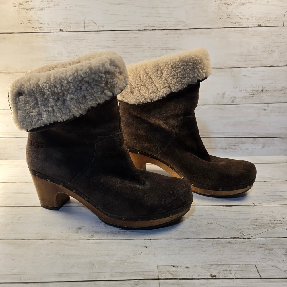 UGG Australia Abbie Suede Shearling Clog Boots Brown Wood Heel Studded Sz 12
